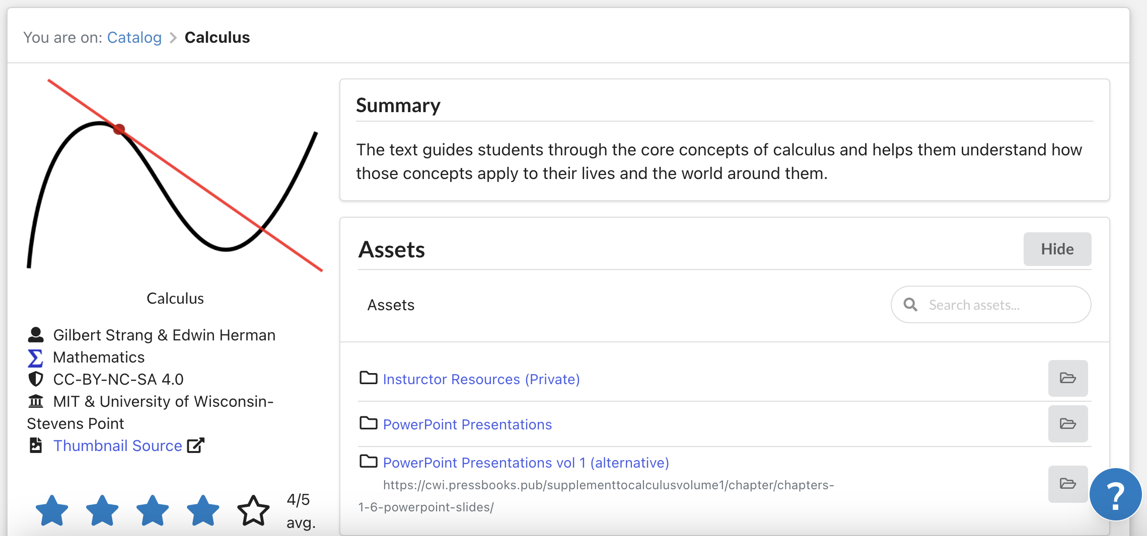screenshot from libretexts commons of calculus book showing Assets area